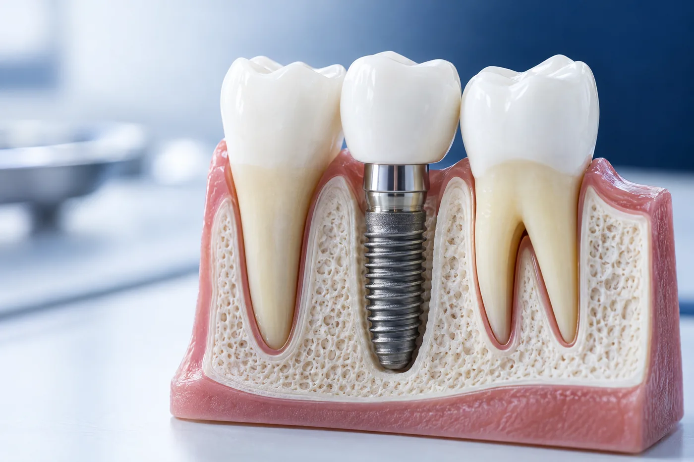 İmplant tedavisi: kemiğe yerleştirilmiş titanyum implant ve kron modeli